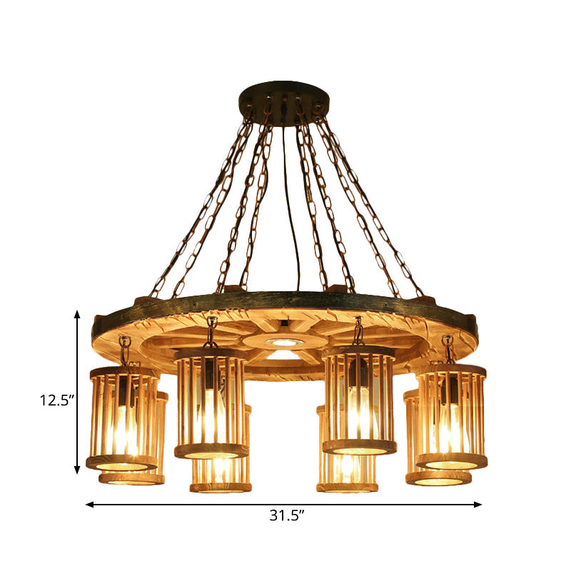 FranÃ§oise - Retro Retro Cylinder Chandelier Light Fixture 8-Bulb Wood Ceiling Pendant with Wheel for Living Room