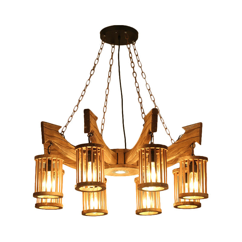 Nashira - Brown 6/8-Head Cylinder Chandelier Lighting Fixture Industrial Brown Wood Hanging Ceiling Light with Anchor Arm