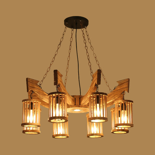 Nashira - Brown 6/8-Head Cylinder Chandelier Lighting Fixture Industrial Brown Wood Hanging Ceiling Light with Anchor Arm