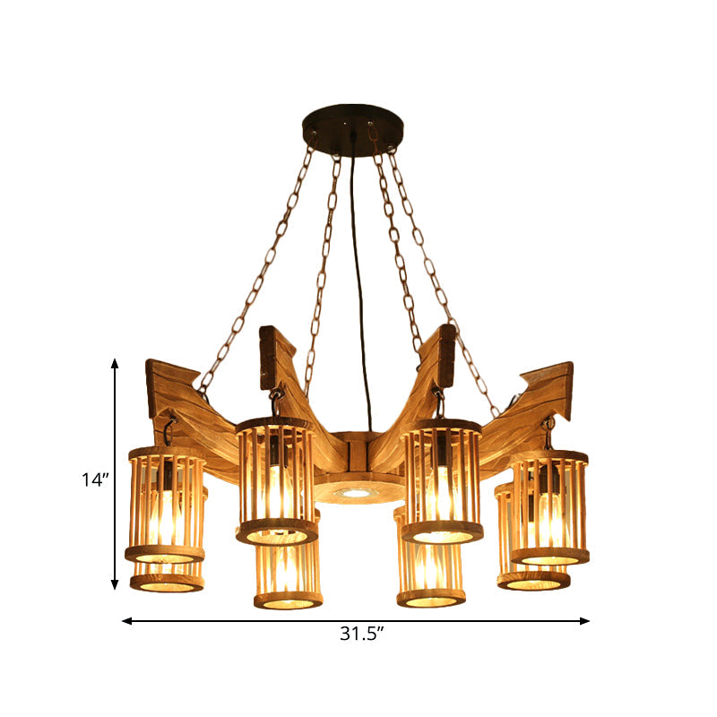 Nashira - Brown 6/8-Head Cylinder Chandelier Lighting Fixture Industrial Brown Wood Hanging Ceiling Light with Anchor Arm