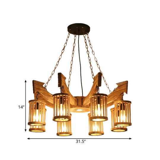 Nashira - Brown 6/8-Head Cylinder Chandelier Lighting Fixture Industrial Brown Wood Hanging Ceiling Light with Anchor Arm