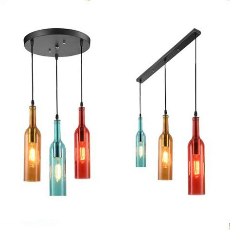 Industrial Bar Pendant Lamp with Wine Bottle Glass Shade - 3-Light Hanging Light, Black, Round/Linear Canopy