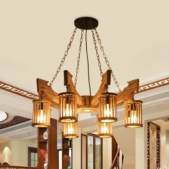 Nashira - Brown 6/8-Head Cylinder Chandelier Lighting Fixture Industrial Brown Wood Hanging Ceiling Light with Anchor Arm