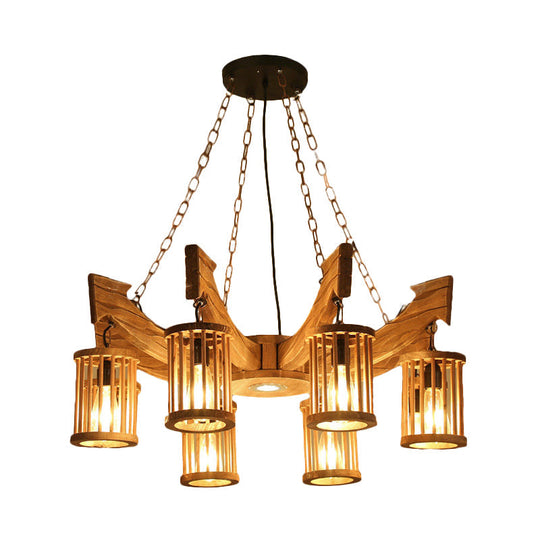 Nashira - Brown 6/8-Head Cylinder Chandelier Lighting Fixture Industrial Brown Wood Hanging Ceiling Light with Anchor Arm