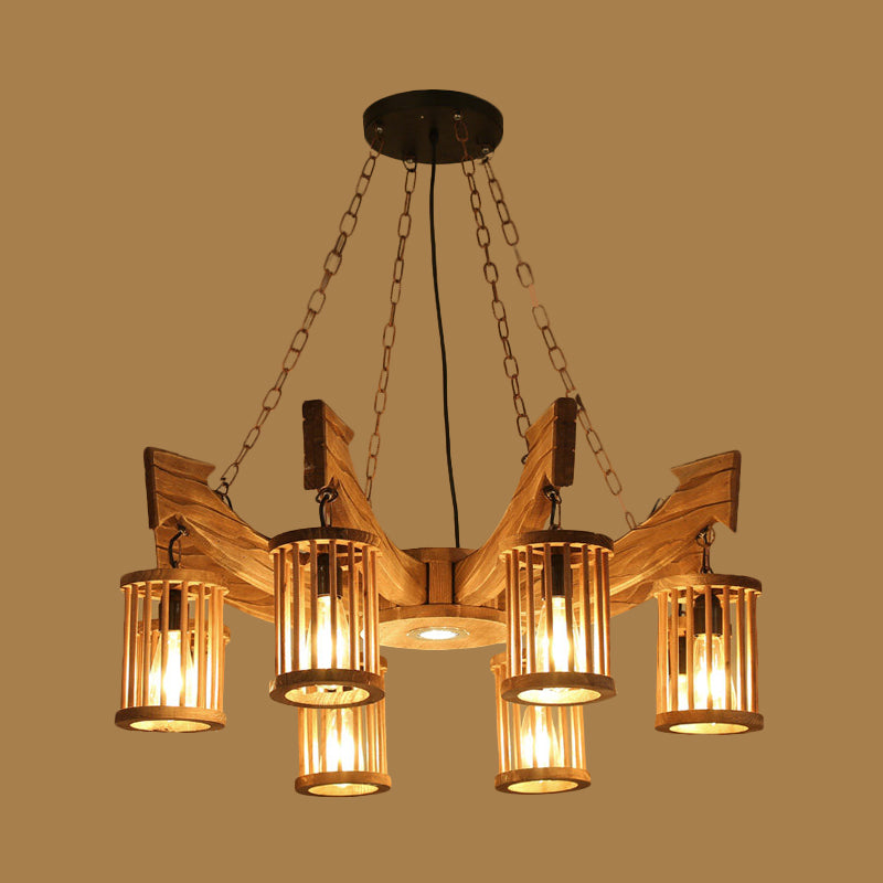 Nashira - Brown 6/8-Head Cylinder Chandelier Lighting Fixture Industrial Brown Wood Hanging Ceiling Light with Anchor Arm