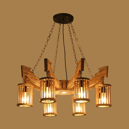 Nashira - Brown 6/8-Head Cylinder Chandelier Lighting Fixture Industrial Brown Wood Hanging Ceiling Light with Anchor Arm