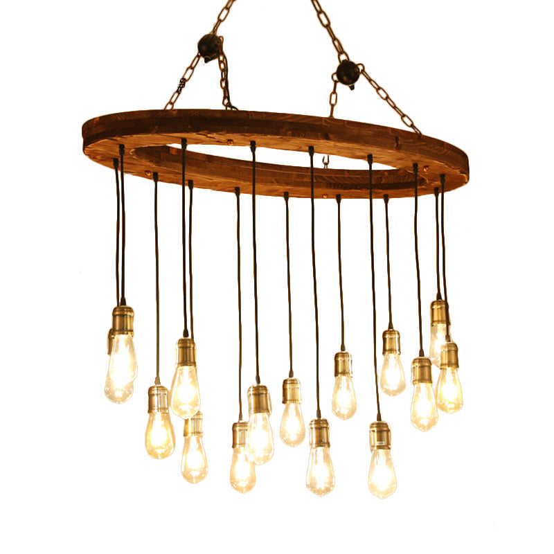 Carlotta - Vintage Metal Exposed Bulb Chandelier Lighting Fixture Vintage 15 Lights Restaurant Suspension Lamp with Wood Oval Beam