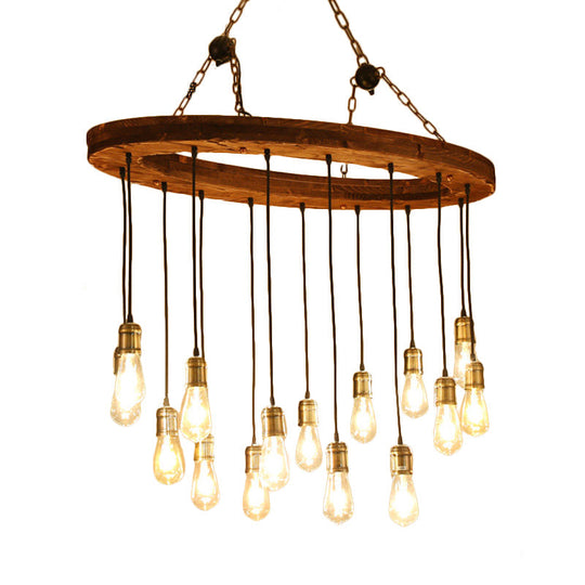 Carlotta - Vintage Metal Exposed Bulb Chandelier Lighting Fixture Vintage 15 Lights Restaurant Suspension Lamp with Wood Oval Beam