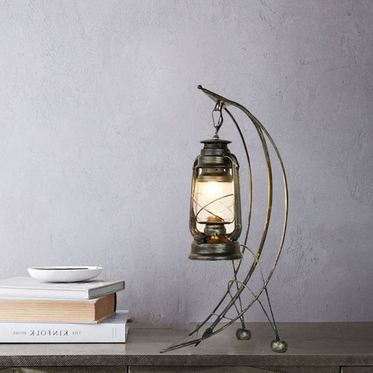 Industrial Kerosene Clear Glass Table Lamp With Brass Arc Base - 1 Light Desk Lighting