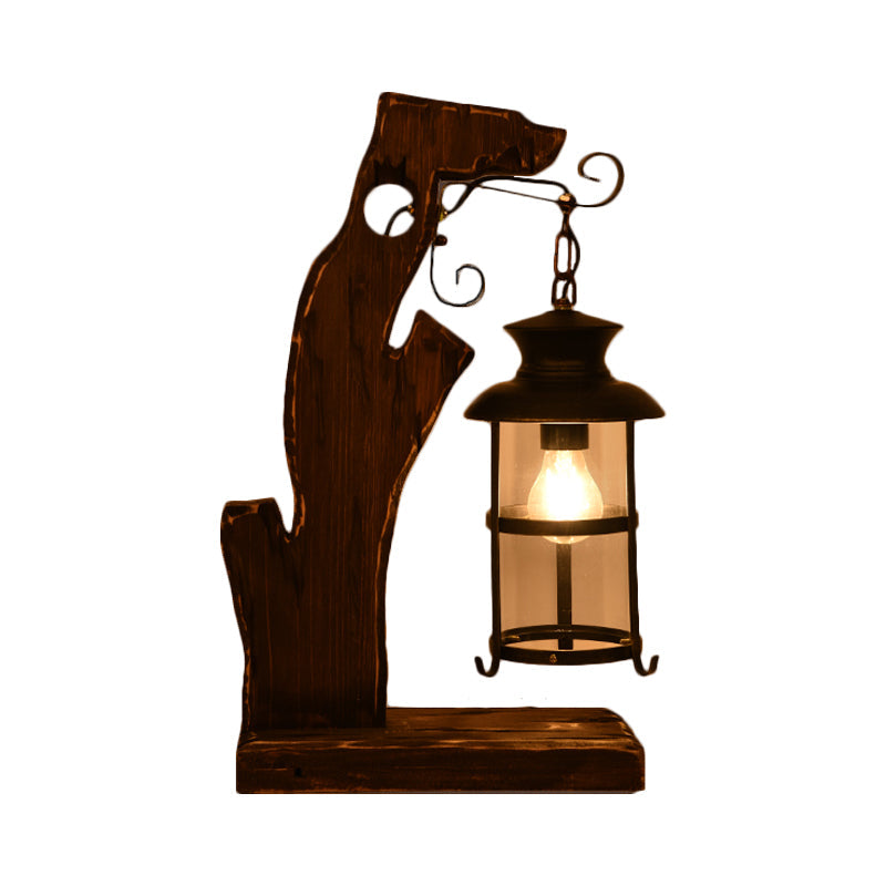 Industrial Style Black Table Lamp: Clear Glass Lantern With Wood Base