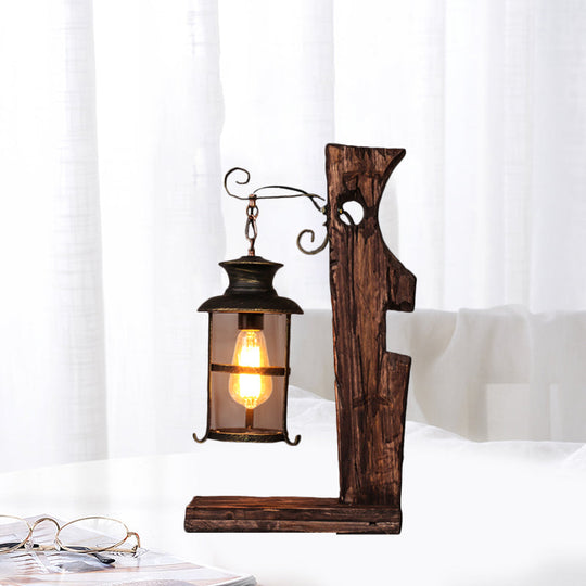 Industrial Style Black Table Lamp: Clear Glass Lantern With Wood Base