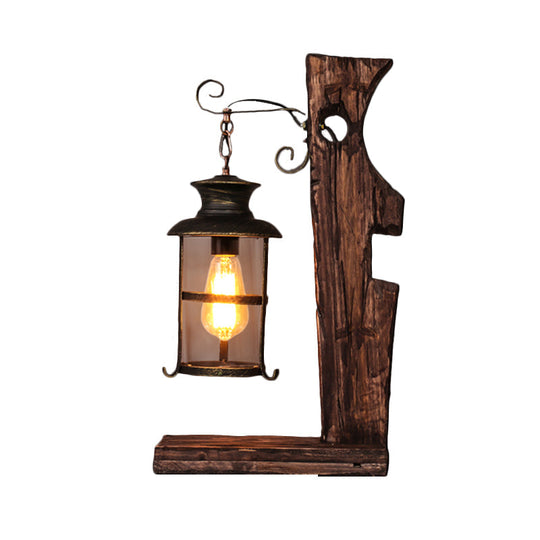 Industrial Style Black Table Lamp: Clear Glass Lantern With Wood Base