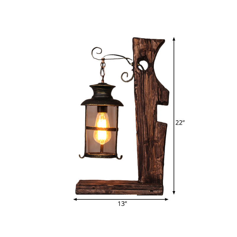 Industrial Style Black Table Lamp: Clear Glass Lantern With Wood Base