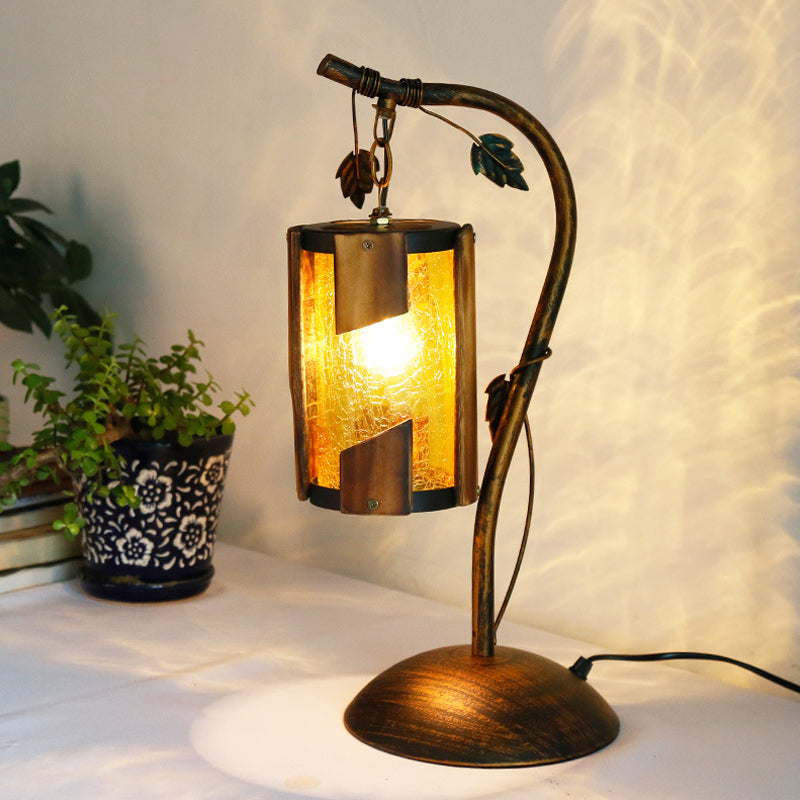 Farmhouse Brass Finish Desk Lamp With Yellow Crackle Glass Shade And Metal Branch Arm