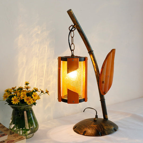 Yellow Crackle Glass Farm Style Desk Lamp Brass