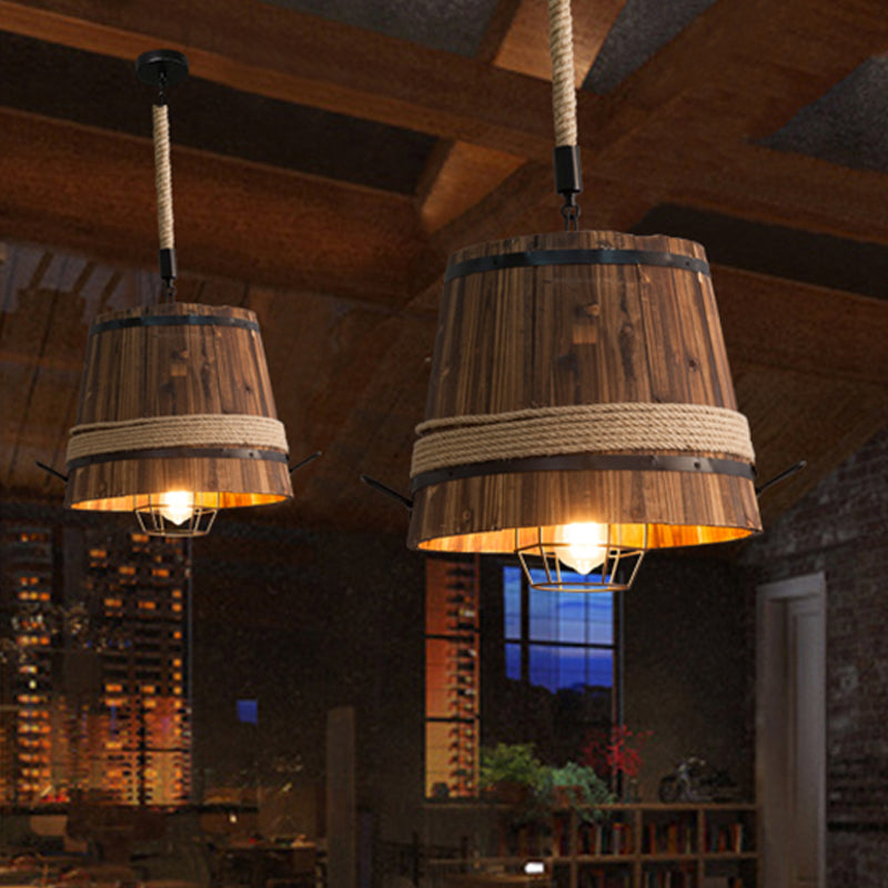 Farmhouse Bucket Shade Pendant Light With Wood Suspension And Rope Rod - 1-Light Fixture