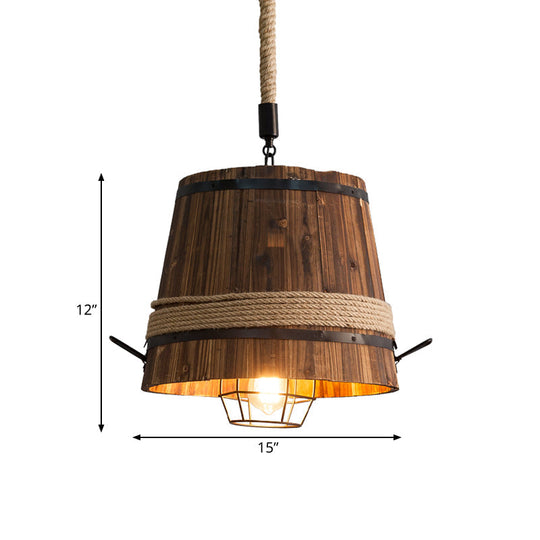 Farmhouse Bucket Shade Wood Pendant Light with Rope Rod - 1-Light Suspension Lamp