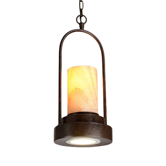 Marble Cylinder Pendant Lamp - 1-Bulb Hanging Light Fixture for Dining Room - Rust Finish with Metal Ring Deco