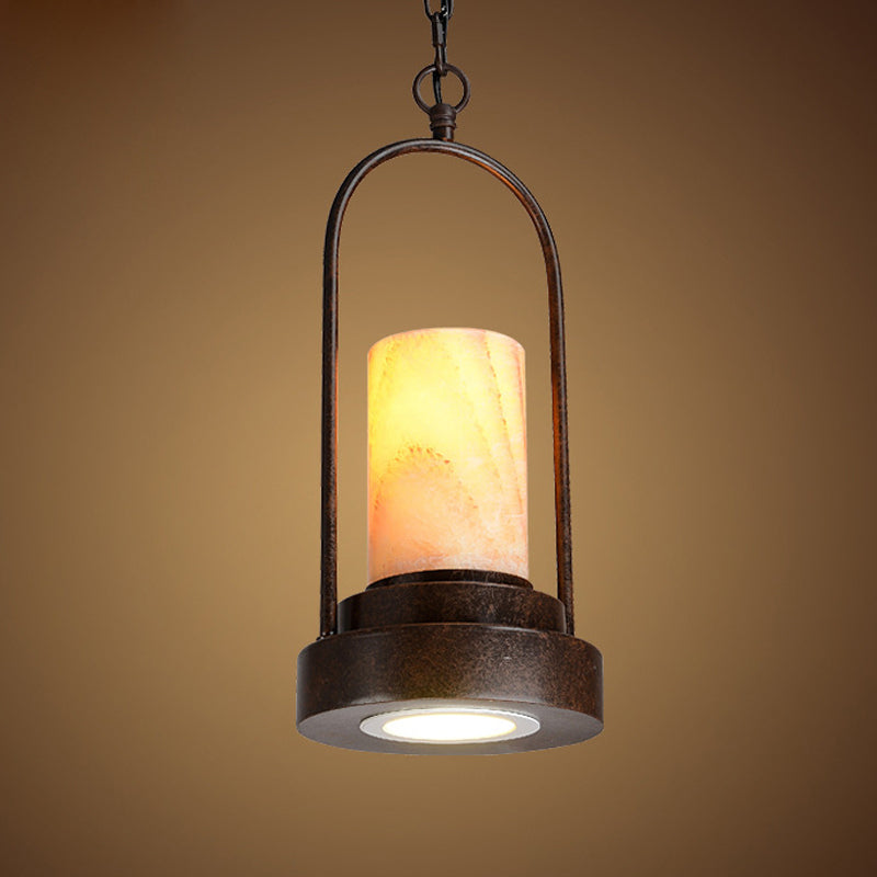 Marble Cylinder Pendant Lamp - 1-Bulb Hanging Light Fixture for Dining Room - Rust Finish with Metal Ring Deco