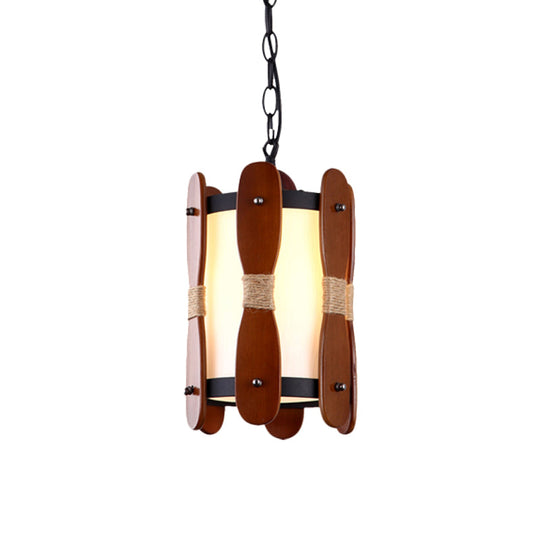 Industrial Wood Ceiling Lamp with Cream Glass Shade