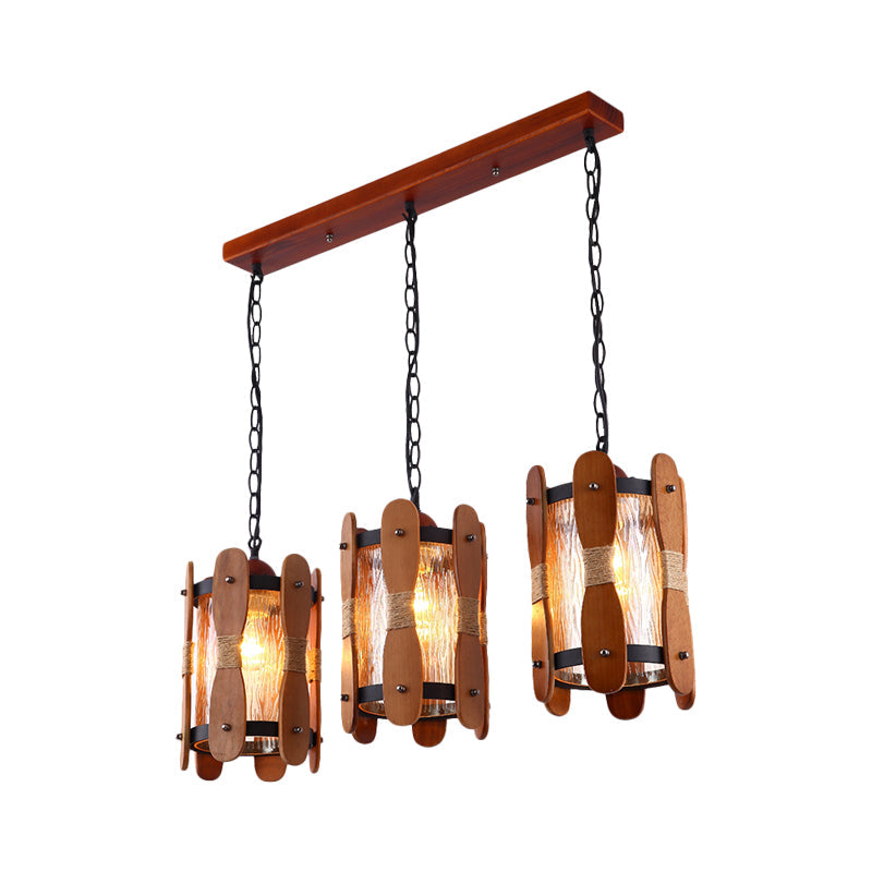 Retro Yellow Water Glass Pendant Light with Wood Panel Design - 3 Heads Cluster, Brown Dining Room Hanging Kit