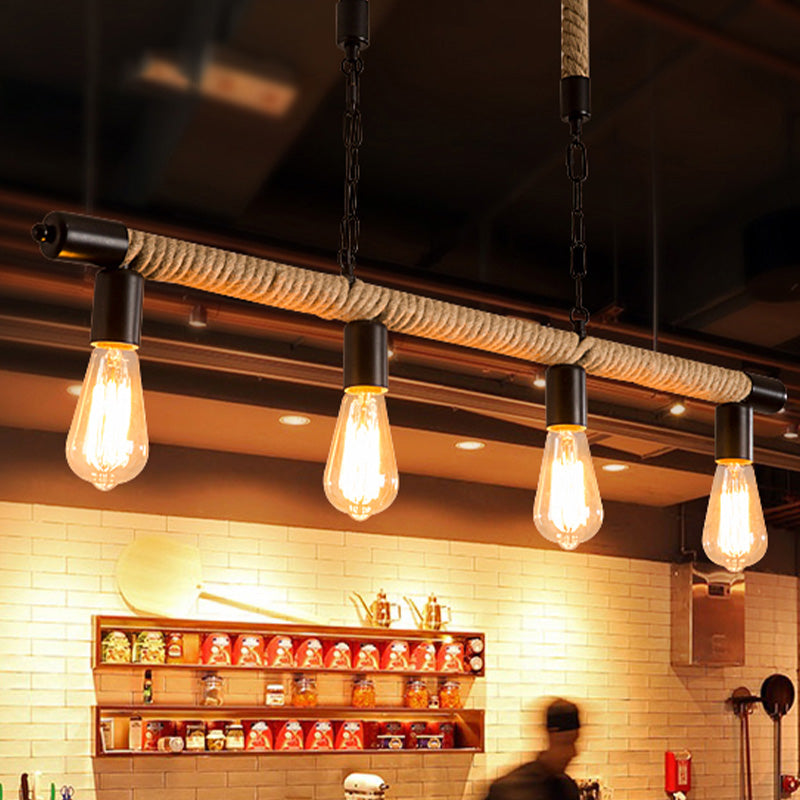 Rijl Al Awwa - Open 4 Lights Rope Chandelier Factory Black Finish Bulb Restaurant Pendant Light