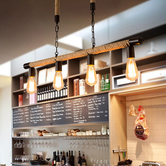 Rijl al Awwa - Open 4 Lights Rope Chandelier Factory Black Finish Open Bulb Restaurant Pendant Light  with/without Ring Deco