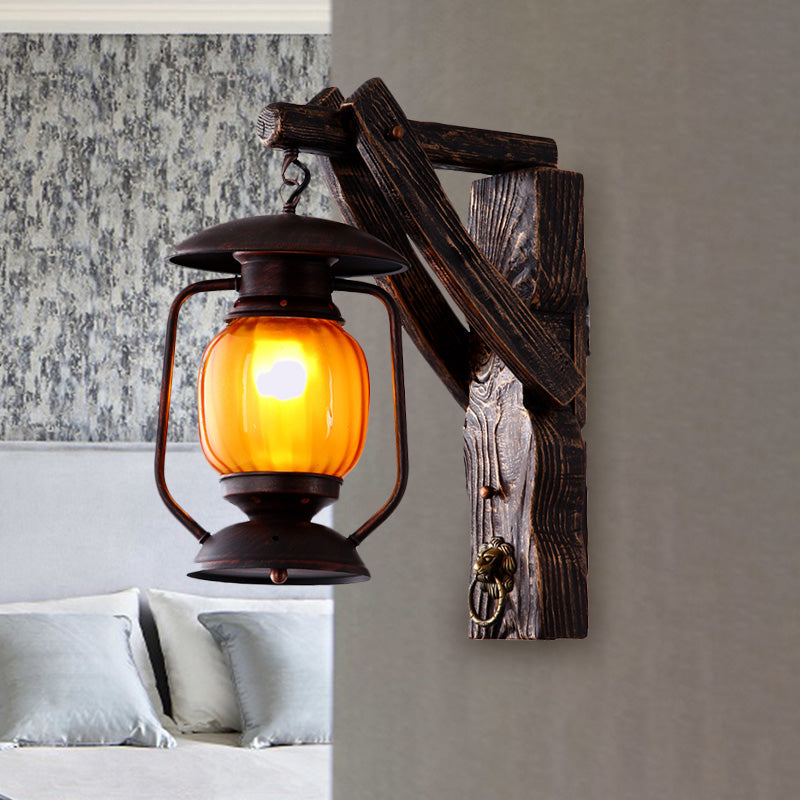 Amber Glass Lantern Wall Light Sconce - Elegant 1-Head Bedroom Lamp In Black With Wood Backplate