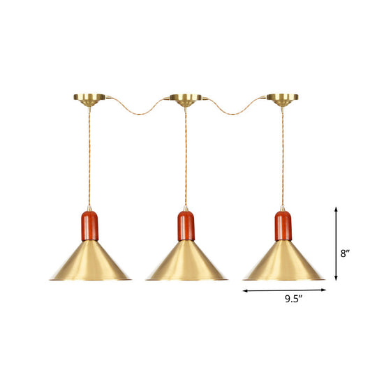 Industrial Tandem Pendant Ceiling Lamp - Conical Metallic Gold Finish, 3/5/7 Lights