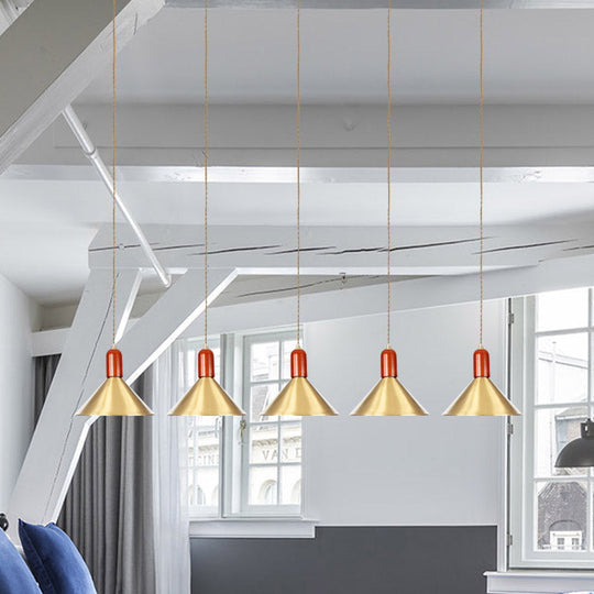 Industrial Tandem Pendant Ceiling Lamp - Conical Metallic Gold Finish, 3/5/7 Lights