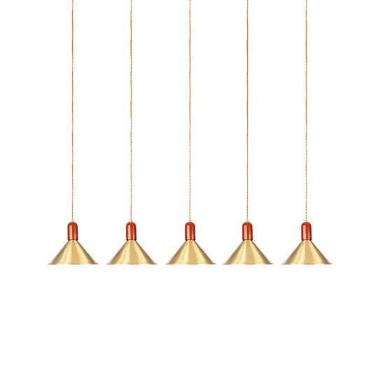 Industrial Tandem Pendant Ceiling Lamp - Conical Metallic Gold Finish, 3/5/7 Lights