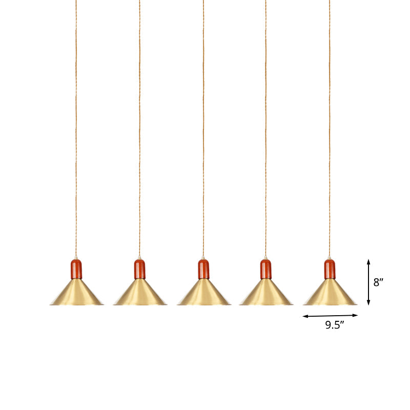 Industrial Tandem Pendant Ceiling Lamp - Conical Metallic Gold Finish, 3/5/7 Lights