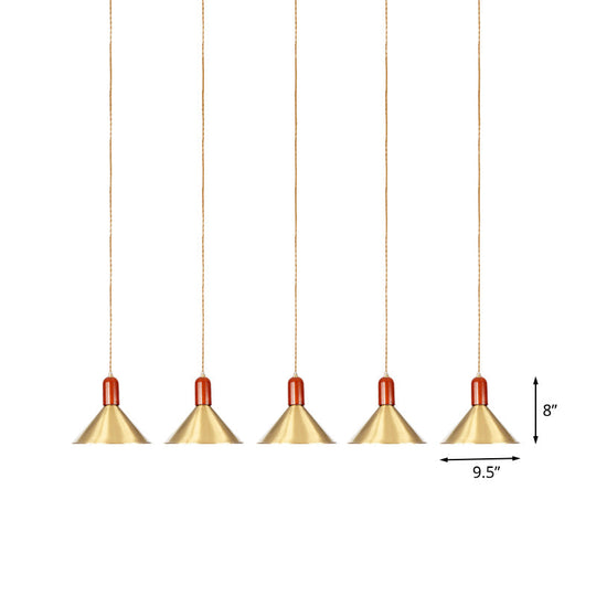 Industrial Tandem Pendant Ceiling Lamp - Conical Metallic Gold Finish, 3/5/7 Lights