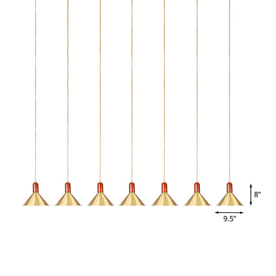 Industrial Tandem Pendant Ceiling Lamp - Conical Metallic Gold Finish, 3/5/7 Lights