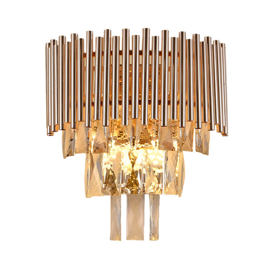 Contemporary Crystal Wall Sconce - Gold Finish Tiered Design 3 Bulbs