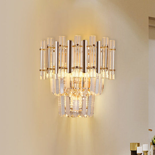 Contemporary Crystal Wall Sconce - Gold Finish Tiered Design 3 Bulbs