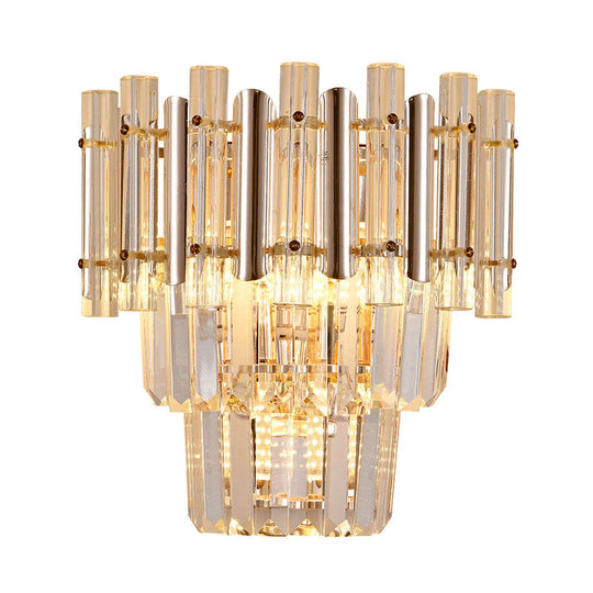 Contemporary Crystal Wall Sconce - Gold Finish Tiered Design 3 Bulbs