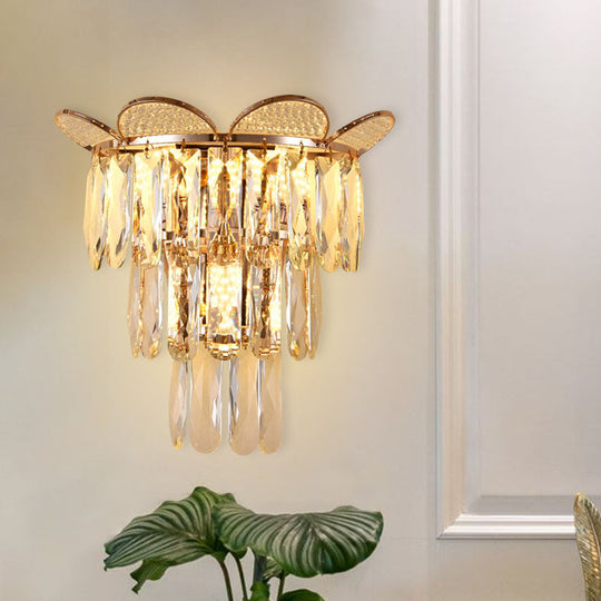 Contemporary Crystal Wall Sconce - Gold Finish Tiered Design 3 Bulbs