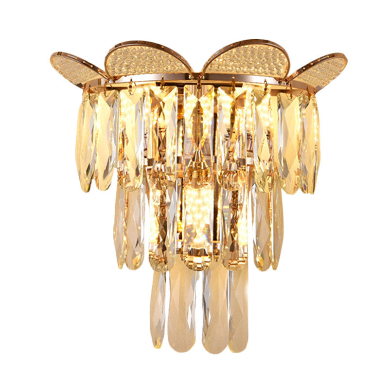 Contemporary Crystal Wall Sconce - Gold Finish Tiered Design 3 Bulbs