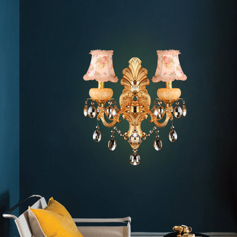 Traditional Metal Double Arm Sconce Light Fixture With Crystal Drop And Fabric Shade - Golden Wall