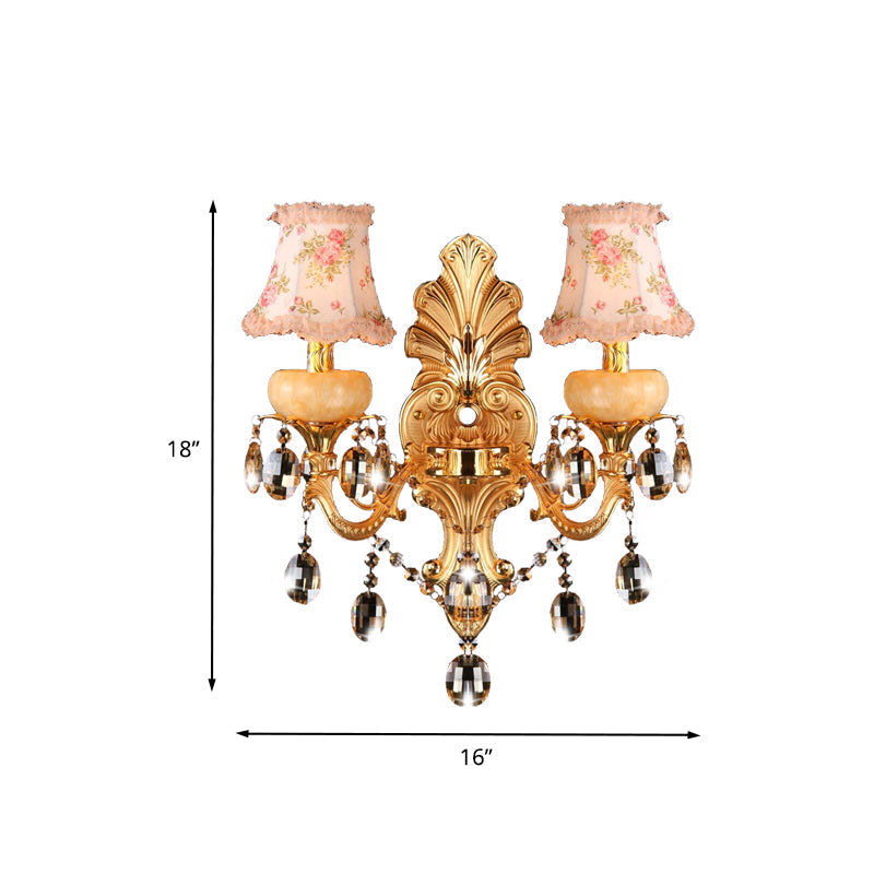 Traditional Metal Double Arm Sconce Light Fixture With Crystal Drop And Fabric Shade - Golden Wall