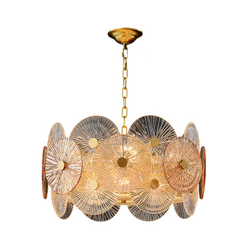 Modern Gold Ribbed Glass Chandelier With 8/12 Hanging Heads - Clear Panel Ceiling Pendant Lamp