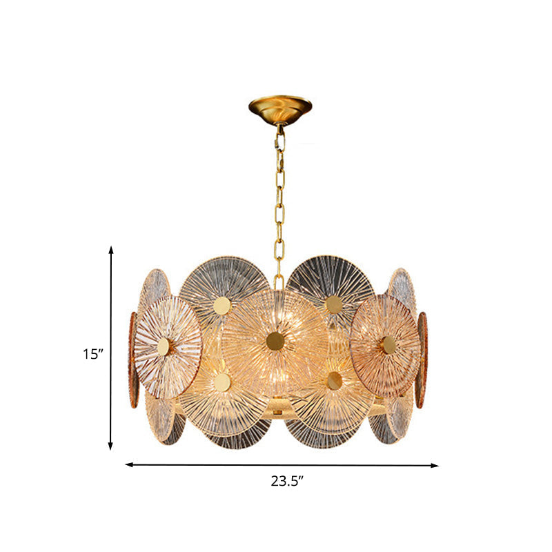 Modern Gold Ribbed Glass Chandelier With 8/12 Hanging Heads - Clear Panel Ceiling Pendant Lamp