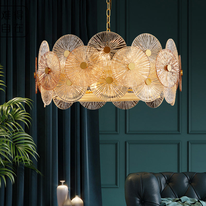 Modern Gold Ribbed Glass Chandelier With 8/12 Hanging Heads - Clear Panel Ceiling Pendant Lamp