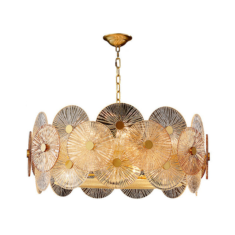 Modern Gold Ribbed Glass Chandelier With 8/12 Hanging Heads - Clear Panel Ceiling Pendant Lamp