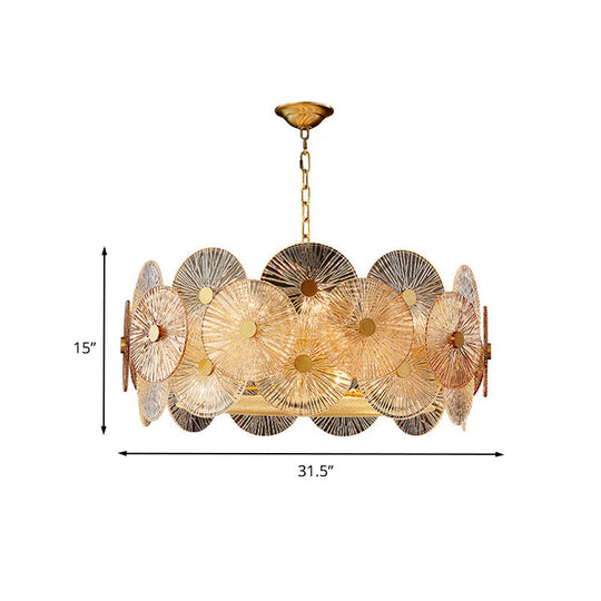 Modern Gold Ribbed Glass Chandelier With 8/12 Hanging Heads - Clear Panel Ceiling Pendant Lamp