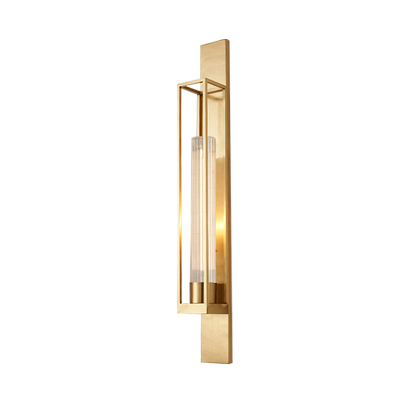 Gold Metal Linear Sconce Lighting With Ribbed Glass Shade - Modern Corner Wall Mount Lamp