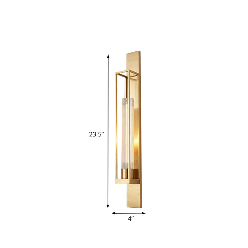 Gold Metal Linear Sconce Lighting With Ribbed Glass Shade - Modern Corner Wall Mount Lamp