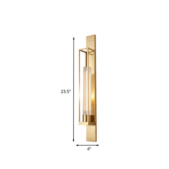 Gold Metal Linear Sconce Lighting With Ribbed Glass Shade - Modern Corner Wall Mount Lamp