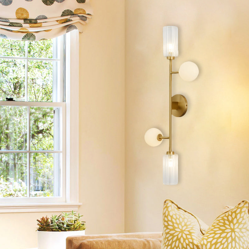 Modern 4-Light Gold Metal Pencil Arm Wall Lamp With Glass Shades